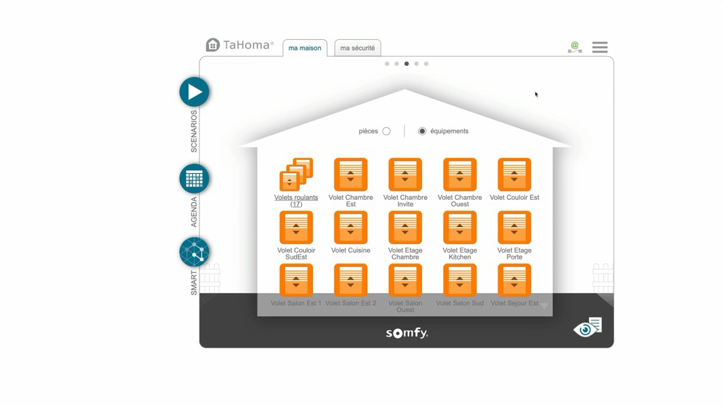 Interface web de la TaHoma affichant les volets roulants de la maison
