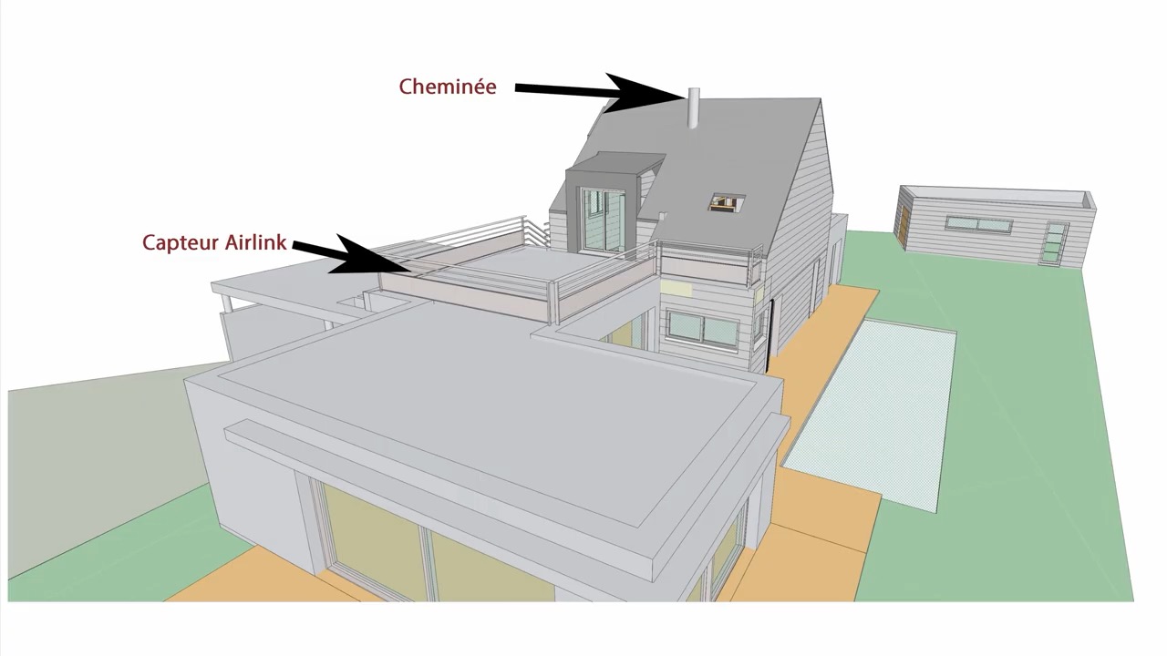 Schéma 3D de la maison situant la cheminée sur le toit et le capteur Airlink sur la balustrade de la terrasse